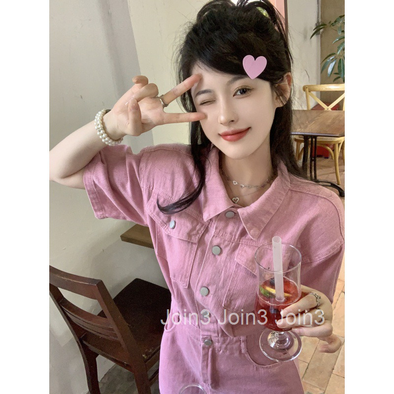 Summer New Womens Workwear Pink Denim Short Sleeve Dress for Petite Women A-line Short Dress