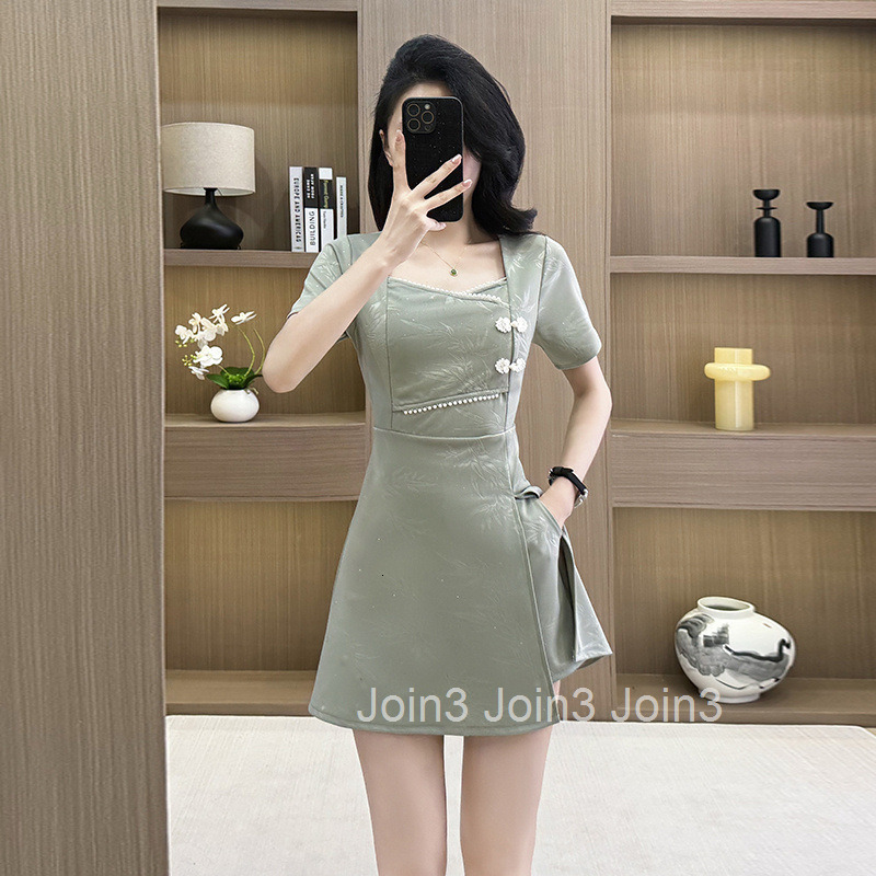 Summer New Plus Size Womens Shorts Set Stretch Slim Improved Cheongsam Short Sleeve Dress + Shorts Two-Piece Set