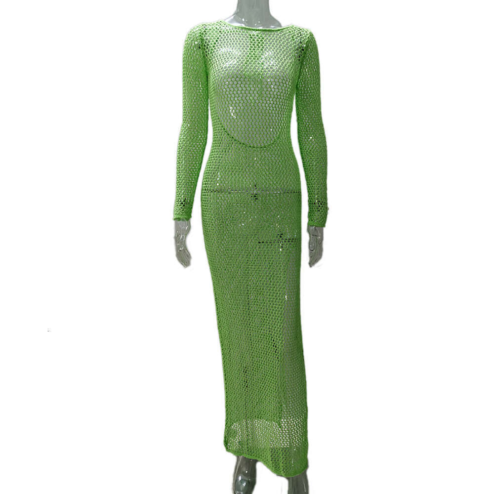 Spring/Summer New Women's Sexy Hollow Out Sheer Vacation Solid Color Backless Knitted Long Dress B5