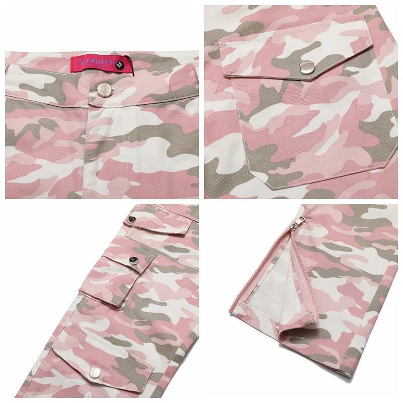 Fashion Streetwear Pink Camouflage Cargo Hip Hop Multi-Pocket Zip Up Trousers Flared Men Y2k Slim Fit Casual Pants Baggy