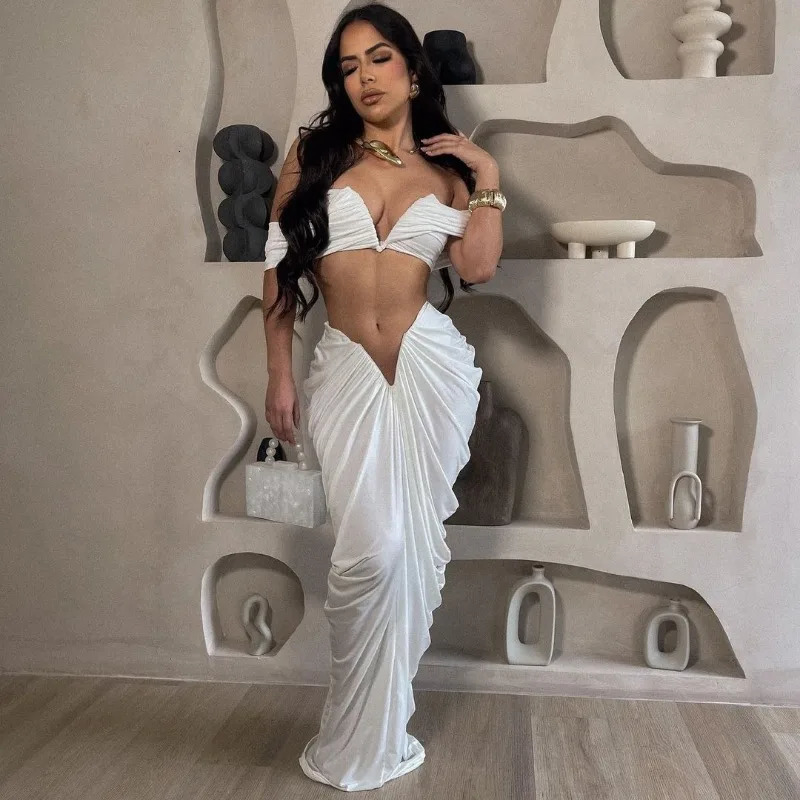 Sexy Party Night Ruched Maxi Dress Sets for Women Two Piece Set Club Outfits Slash Neck Crop Top Long Skirt Matching Sets 250729