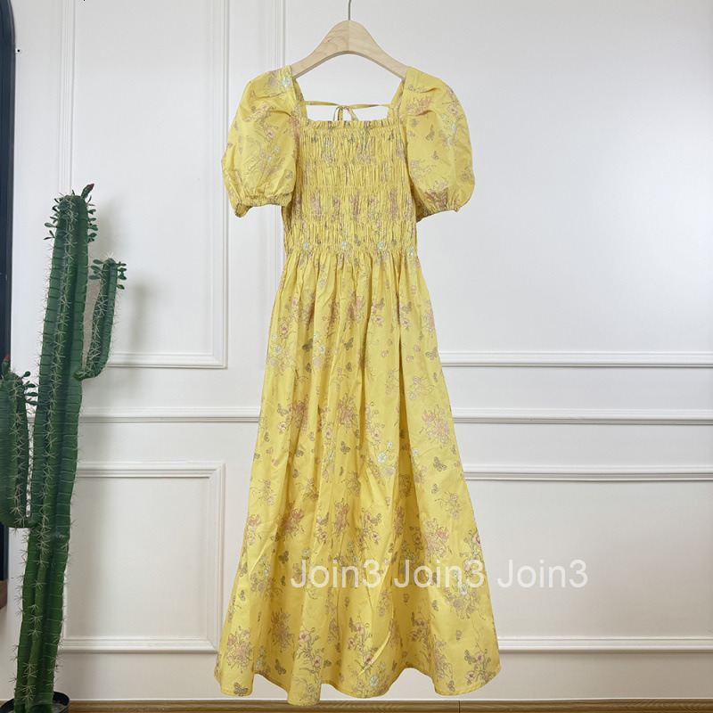 Summer New Korean Style Pleated Waist Low Square Neck Puff Sleeve Short Sleeve Dress Niche Floral Dress Mid-Length Dress