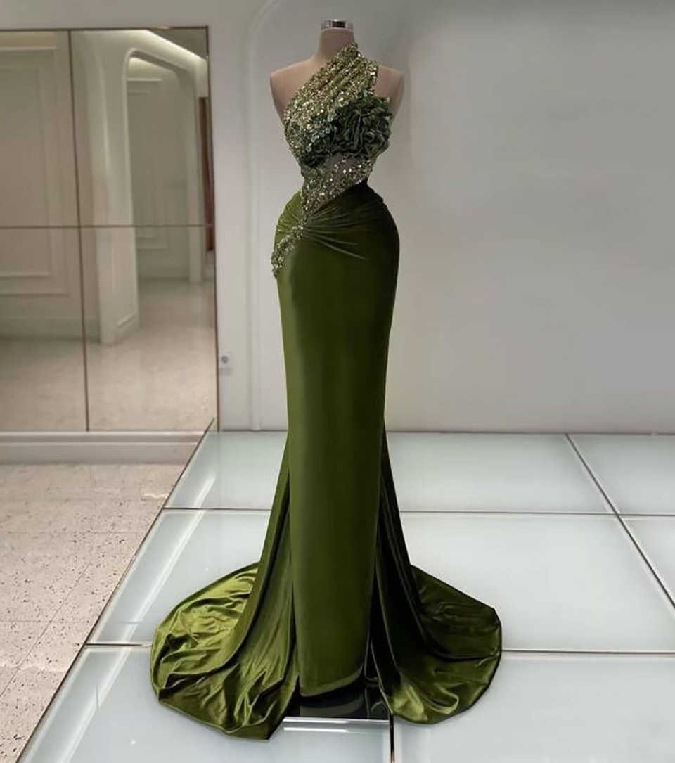 Sparkly Sequins Mermaid Evening Dress One Shoulder Sleeveless Beaded Prom Gowns Green Floor Length Party Dresses Customized