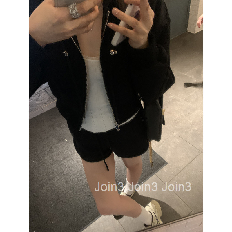 Autumn New Casual Niche Hooded Jacket Short Top + Elastic Waist Shorts Two-Piece Set for Women