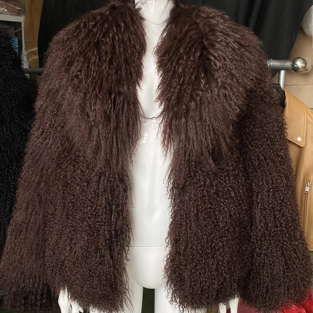 YOLOAgain Womens Mongolia Sheep Fur Jacket With Collar Winter Outerwear 250723