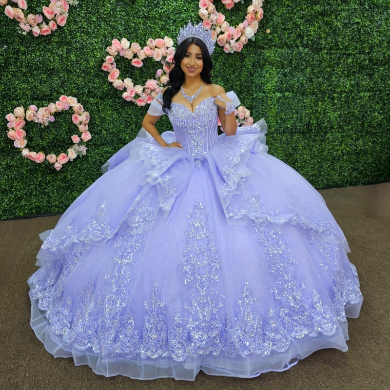 Lavender Shiny Quinceanera Dresses Ball Gown Off The Shoulder Applique Lace Beading Tull Party Birthday Sweet 16 Dress Vestidos De 15 Anos