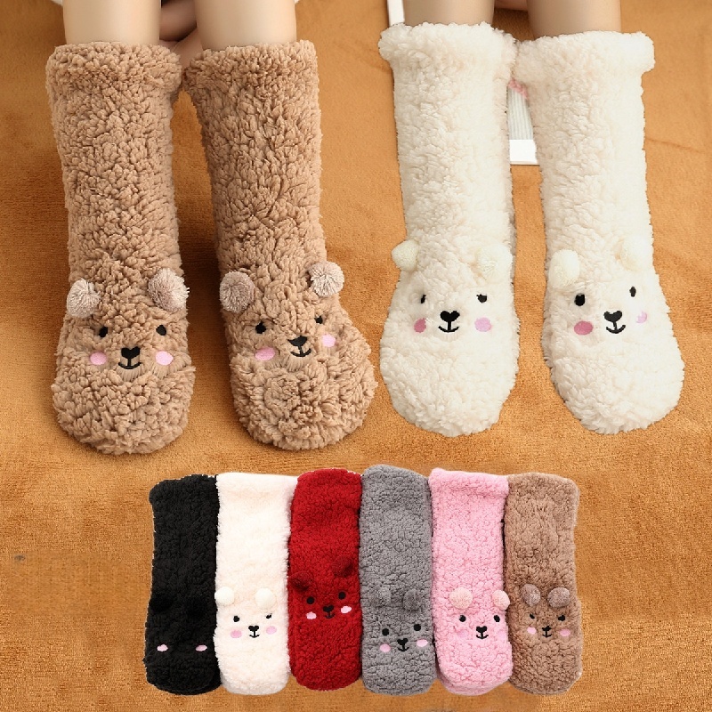 Floor Socks Women Autumn and Winter Velvet Coral Fleece Socks Sleep Home Slippers Snow Socks Confinement bear Carpet Socks