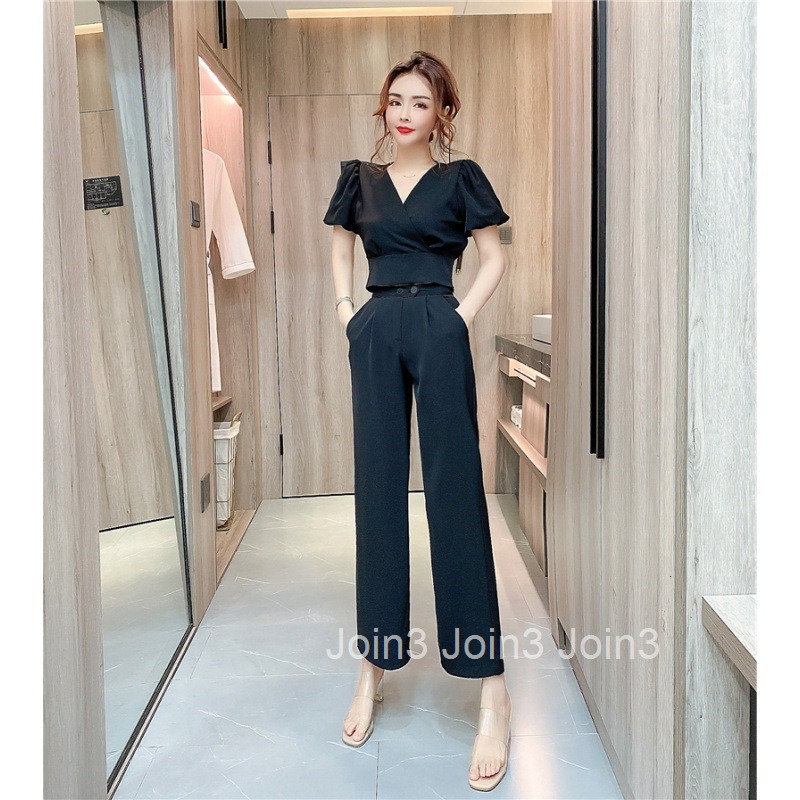 Summer Fashion Elegant Internet Celebrity V-Neck Short Sleeve Top + Slimming Long Pants Set Women Two-Piece Set