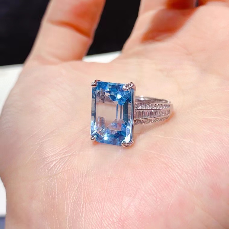 Light Blue Topaz Ring for Engagement 10mm*14mm 6ct Natural Topaz Wedding Ring Keep Shining 3 Layers 18K Gold Plated Silver Jewelry