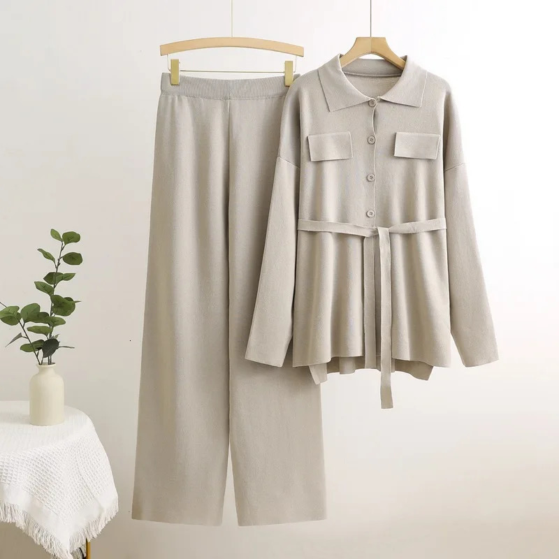 2 Piece Knitted Sets for Women Korean n Single Breasted Knitwears Sweater Cardigan Tops Suits High Waist Wide Leg Pants Outfit 250729