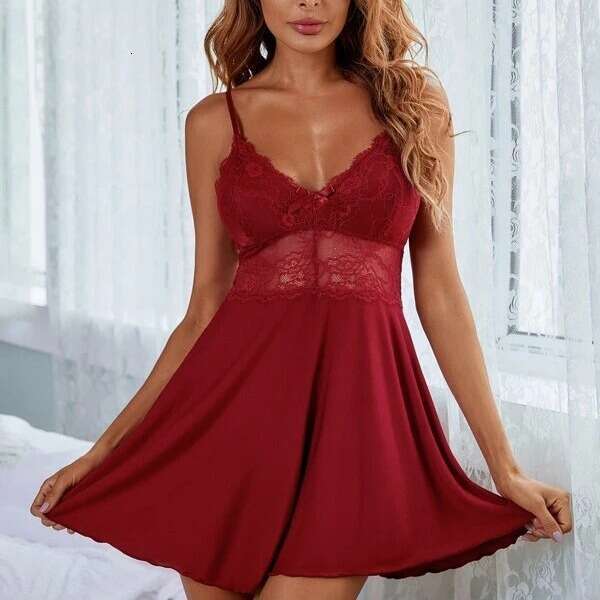 Lace patchwork camisole nightgown sexy deep V temptation sleepwear skin friendly Modal home skirt private room romantic lingerie