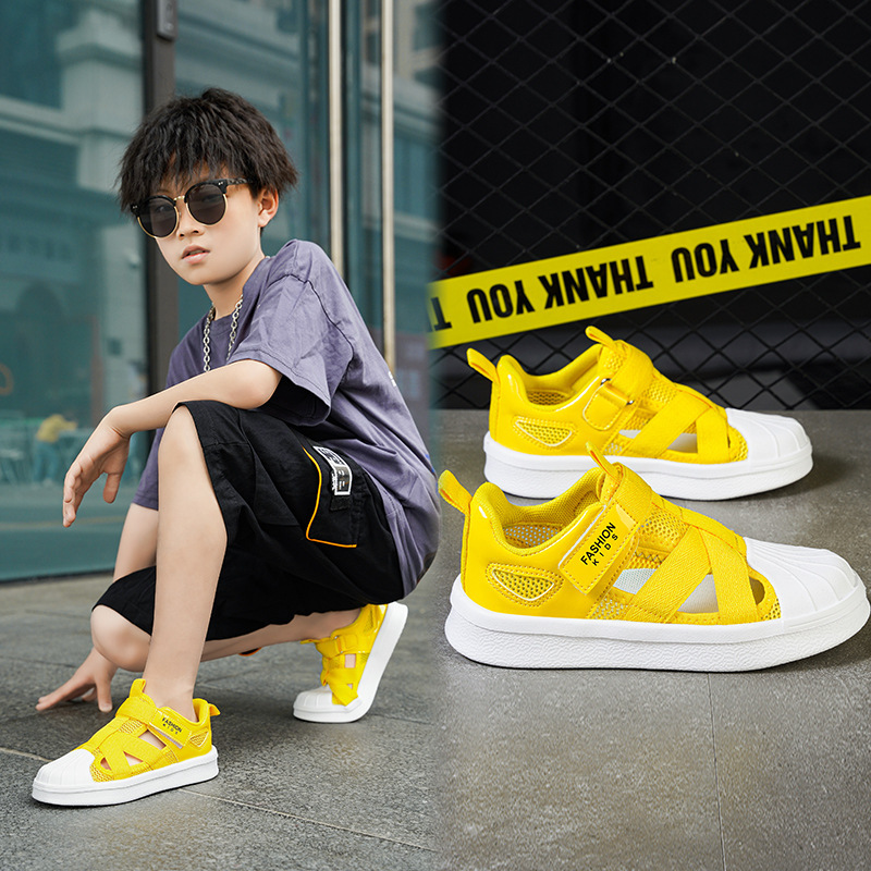 Korean Style Sandals with Woven Strap and Mesh, Closed-Toe Children's Shell-Toe Beach Shoes, Trendy