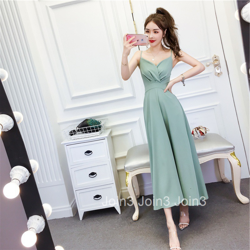 Summer New Fashion Womens Fashion Strap Waist-Cinching Long Dress Large Hem Sleeveless Slim Dress Solid Color