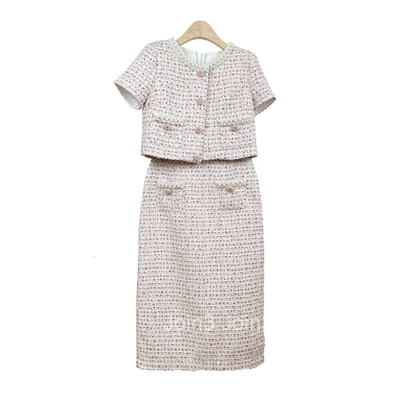 Summer New French Style Elegant Short Sleeve Top Short Beaded Knitted Cardigan Bodycon Skirt Set