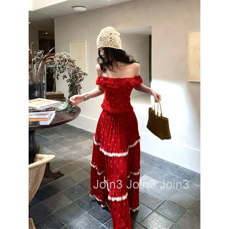 Summer New Sexy Two-Way Wear Round Neck Ruffle Off-Shoulder Blouse Top + Layered Midi Skirt Set