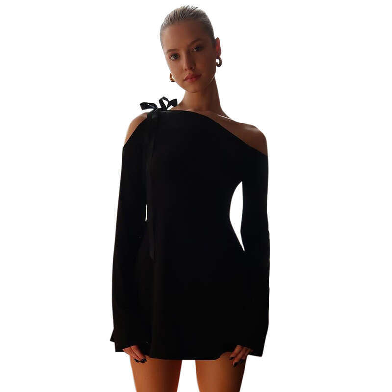 Y23ds389 Style Women's Autumn New Single Shoulder Tie Off-Shoulder Long Sleeve Ruffle Bodycon Dress B5