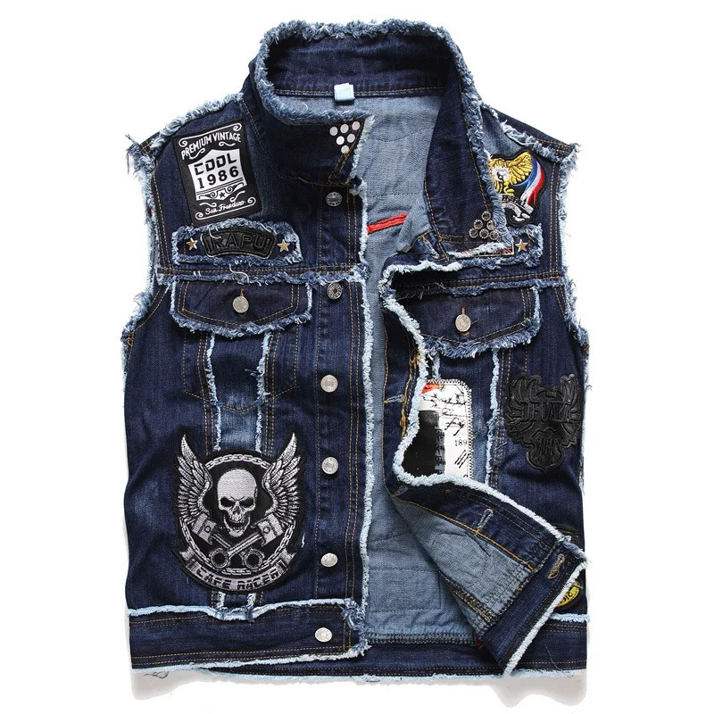 Mens Punk Style Denim Vests Skull Embroidery Sleeveless Waistcoat Jacket Streetwear Hip Hop Jeans Vest 250717