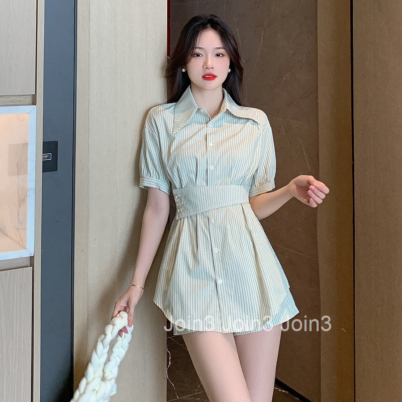 Summer New Plus Size Womens Commuting Two-Piece Set Elegant Short Sleeve Striped Shirt Dress + Shorts Set