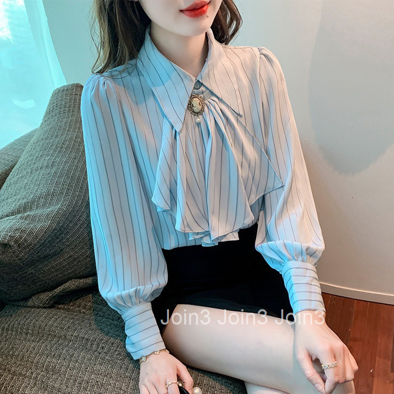 Spring and Autumn New Style Socialite Plus Size Womens Professional Internet Celebrity Youthful Striped Long Sleeve Shirt Womens Blouse Top