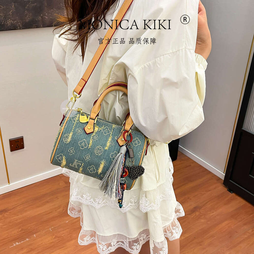 Monica Qiqi Canvas Denim Vintage Bowling Handheld Niche Boston Pillow Bag for Women