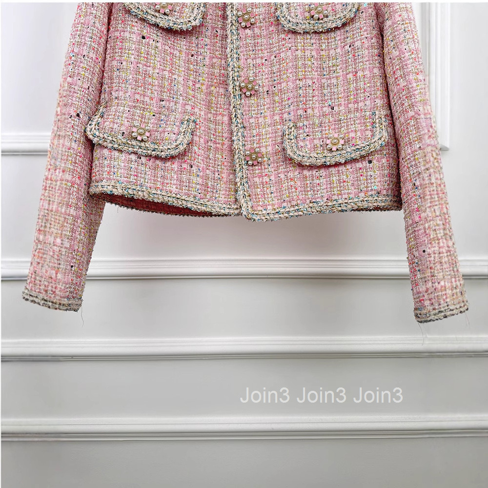 2025 Spring and Autumn New French Style Fashion Plaid Heavy Craft White-Enhancing Long Sleeve Short Coat Womens Top