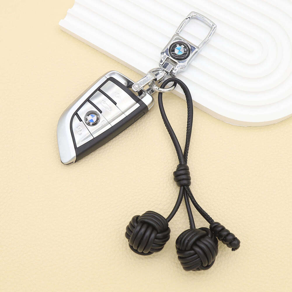 Purely Handmade DIY Color-Block Miu Style Woven Cherry PU Leather Double Ball Bag Pendant Keychain Accessory