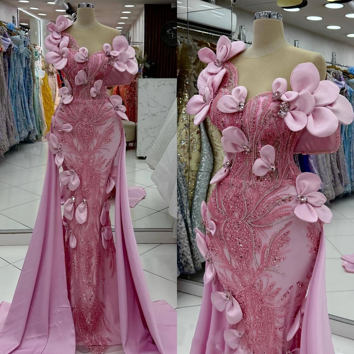 Gorgeous Evening Dresses Crystal Sequins Prom Dress Beading One Shoulder 3D Flowers Sleeveless Mermaid Party Gowns Vestidos De Noche Plus Size