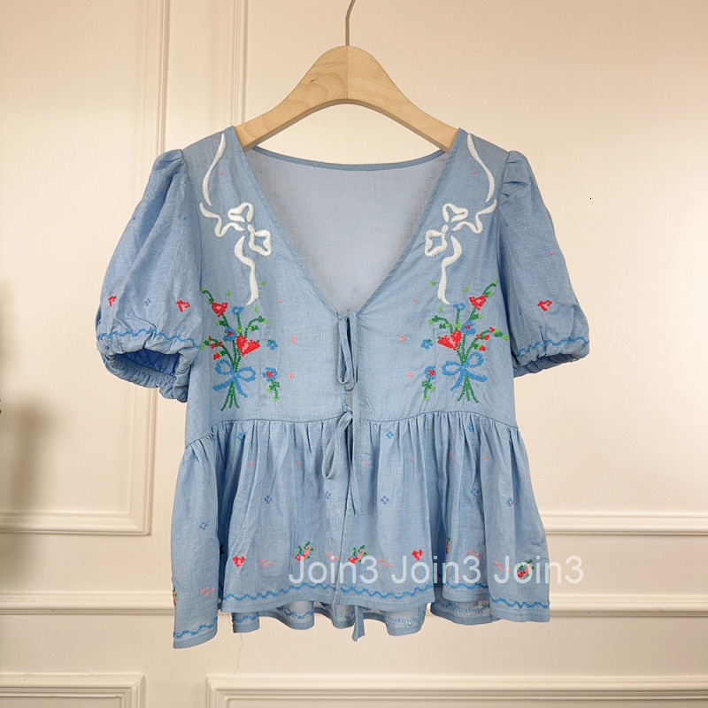 Summer New French Style Sweet Girl Cute Loose V-Neck Embroidered Tie Short Sleeve Top Womens Blouse Shirt