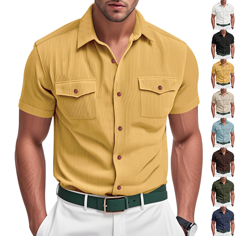 Summer Mens Casual Corduroy Solid Color Multi-Pocket Cargo Short Sleeve Shirt Mens T-Shirt