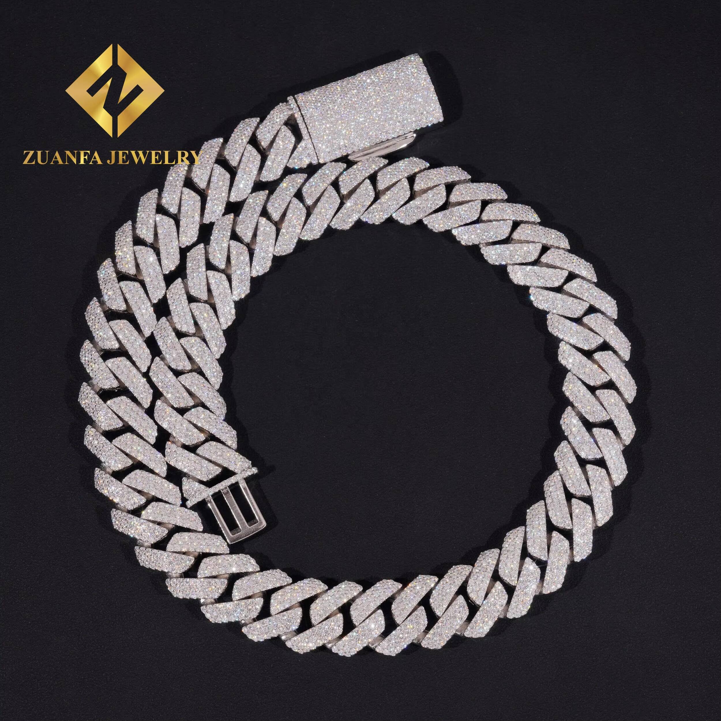Big Chain 20mm 3rows Moissanite 925 Silver Gold Plated Cuban Chain Fine Jewelry