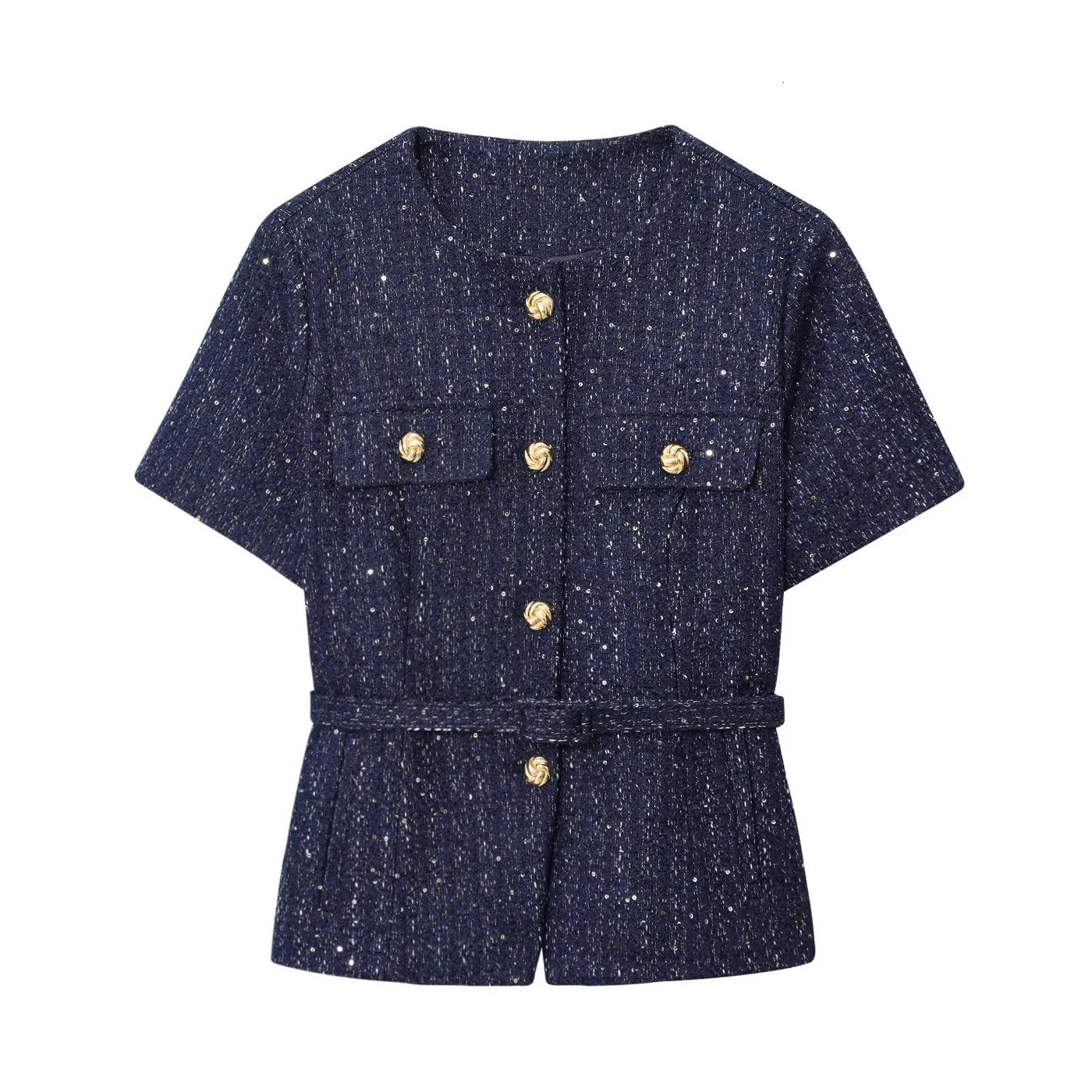 Autumn Womens Wear Gold Button Decoration with Belt Straight Round Neck Short Sleeve Fashion Jacket 250729