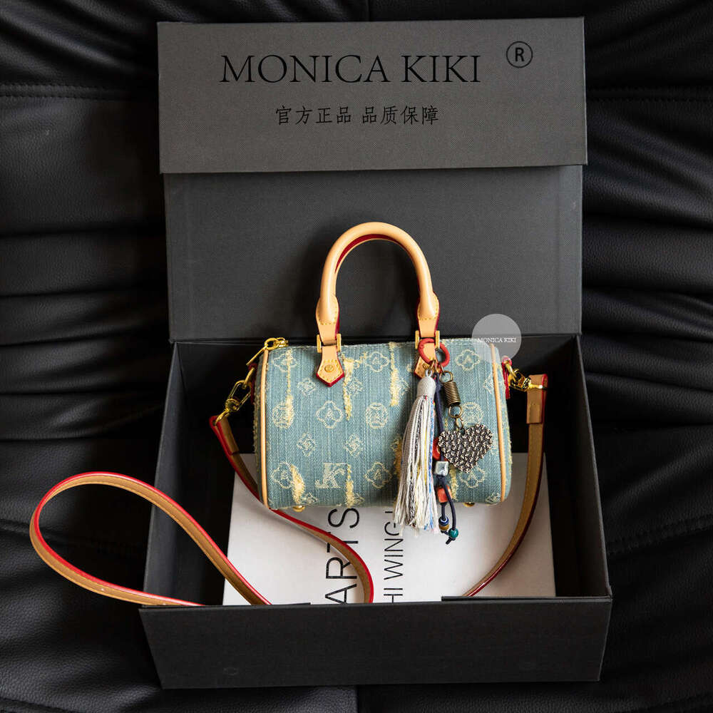 Monica Qiqi Canvas Denim Vintage Bowling Handheld Niche Boston Pillow Bag for Women