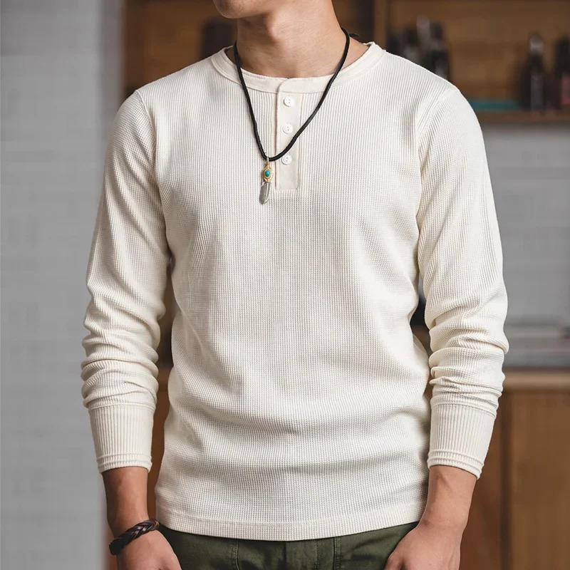 Mens Casual Heavyweight Beige Waffle Henry Tshirt Longsleeved Pullover for Spring Versatile Tshirts Basic Inner Layers 250729
