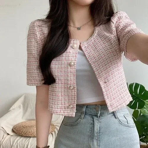 Vintage Shirts Tweed Short Sleeved Coat Tops Womens Single Breasted Pink Plaid Cardigan Beaded Crop Jackets Summer Y2k 250729