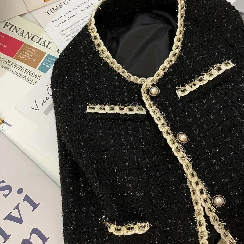 Black Short Jacket Women Temperament Elegant Tweed Jackets for Autumn and Winter Korean Office Lady Cropped Outerwear 250729