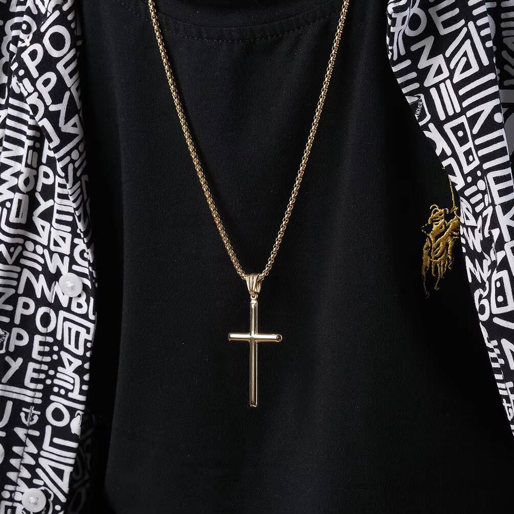 JY Fashion Minimalist Cylinder Stainless Steel Necklace 18k Gold Dainty Cross Necklace for Men Cross Necklace Women Jewelry
