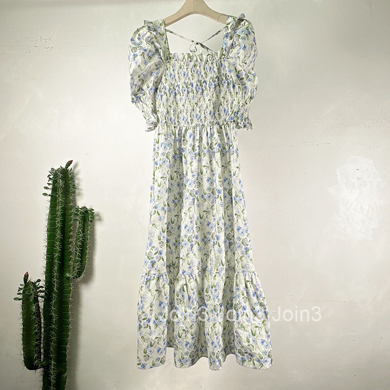 Summer New Fashionable Floral Skirt Elastic High Waist Short Sleeve Printed Dress Mid-Length A-Line Skirt