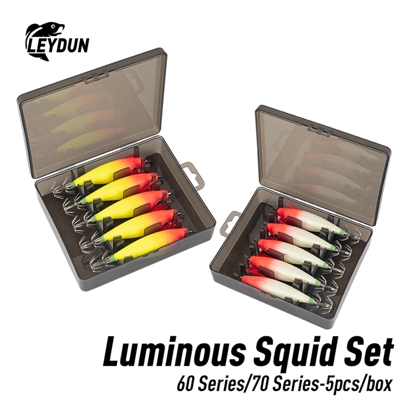 LEYDUN Luminous Horizontal Squid Jig Wood Shrimp Hook 5pcs Fishing Lures Octopus Cuttlefish Saltwater Baits y250708