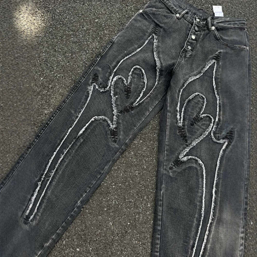 ThugClub24FW Park Jae Fan Same Style Laser Patchwork Scythe Pattern Embroidered Mid-Waist Loose Jeans