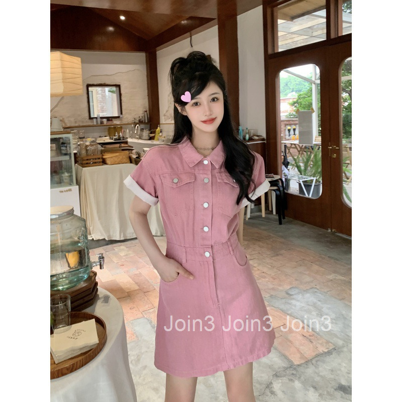 Summer New Womens Workwear Pink Denim Short Sleeve Dress for Petite Women A-line Short Dress