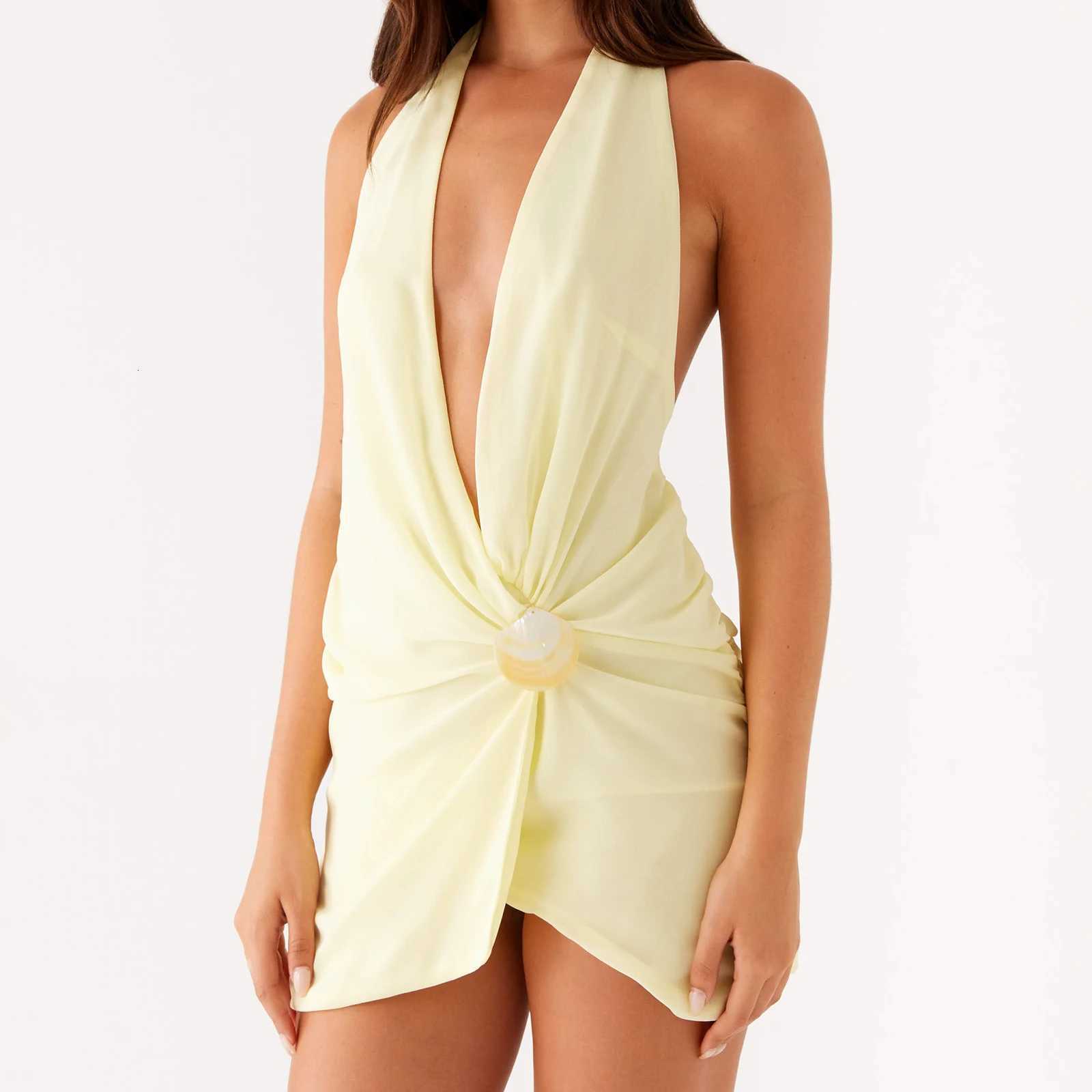 Hirigin Women Summer Sleeveless Mini Dress Casual Shell V-Neck Wrap Halter Neck Party Dress for Beach Club Streetwear Z250728