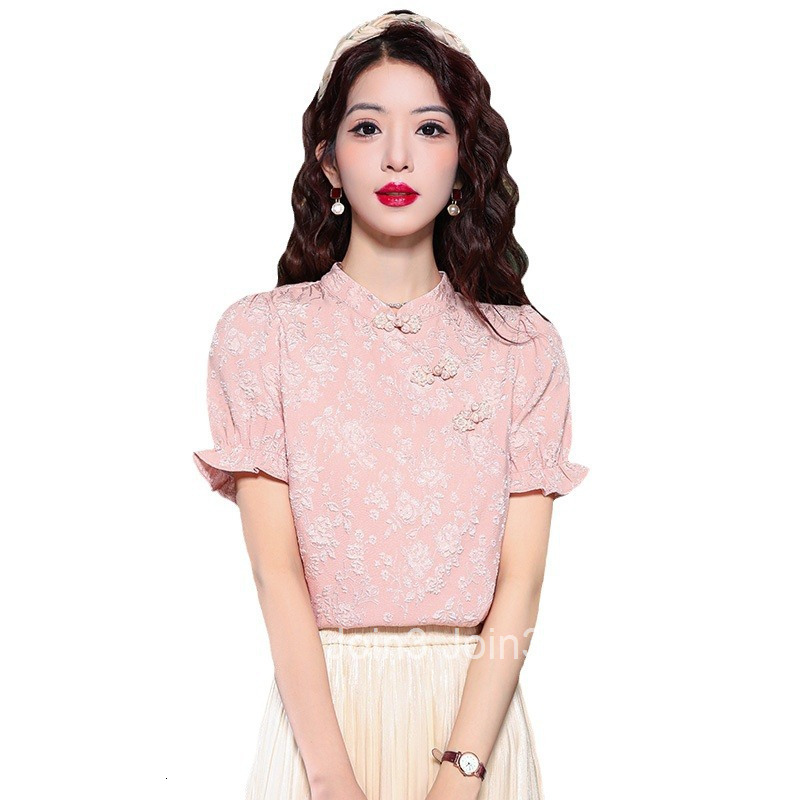 Summer New Chinese Style Jacquard Stand Collar Unique Blouse Elegant National Style Button Short Sleeve Shirt Top
