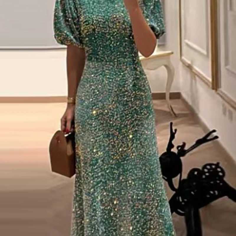 2024 New Lady Temperament Slim Banquet Dress Fashion Shiny Sequin Long Dress Casual O-neck Short Sleeve High Waist Dress for Women Z250728