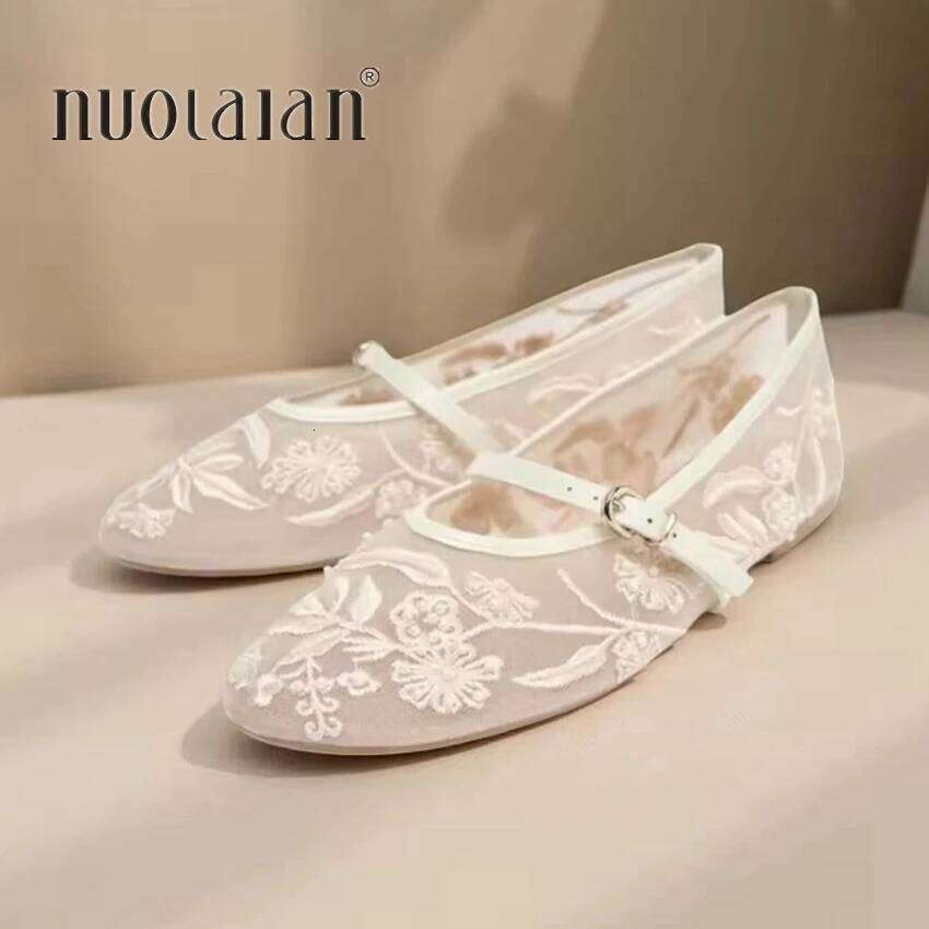 Embroidery Pearl Mesh Ballet Flats Women Fashion Hollow Round Toe Flat Sandals Elegant Comfortable Belt Buckle Mary Jane Shoes