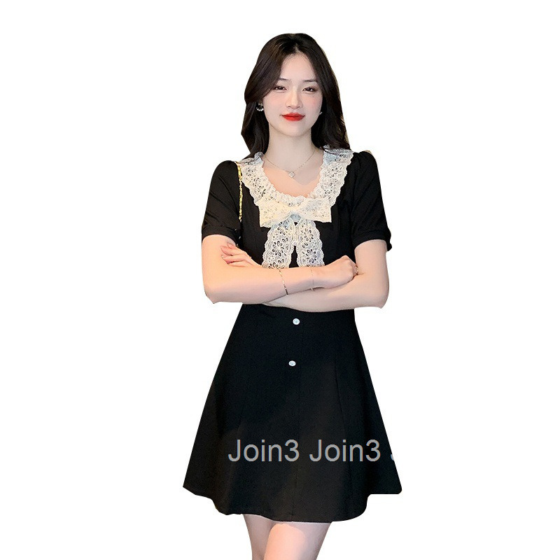 Summer New Round Neck Sweet Lace Bow Slim Fit High Waist Short Sleeve Dress A-line Short Skirt