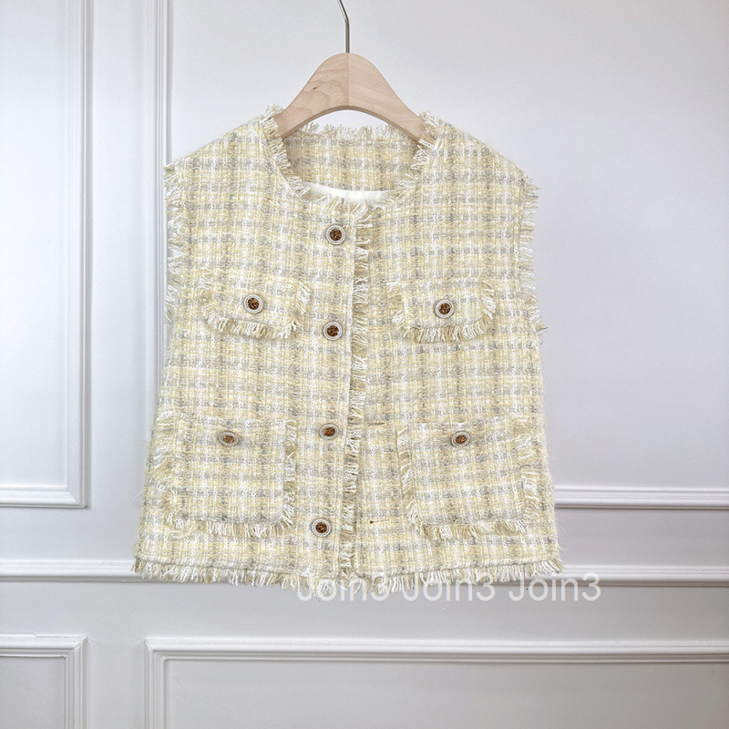 Spring Summer New Fashionable Socialite Small Fragrance Stylish Frilled Plaid Slimming Tall Petite Vest Jacket Womens Vest Top