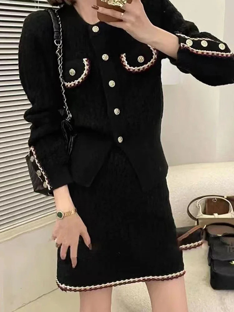 Autumn Winter Knitted Two Piece Sets for Women Office Lady Long Sleeve Cardigan Sweater High Waist Skirt Suit Womens 250729