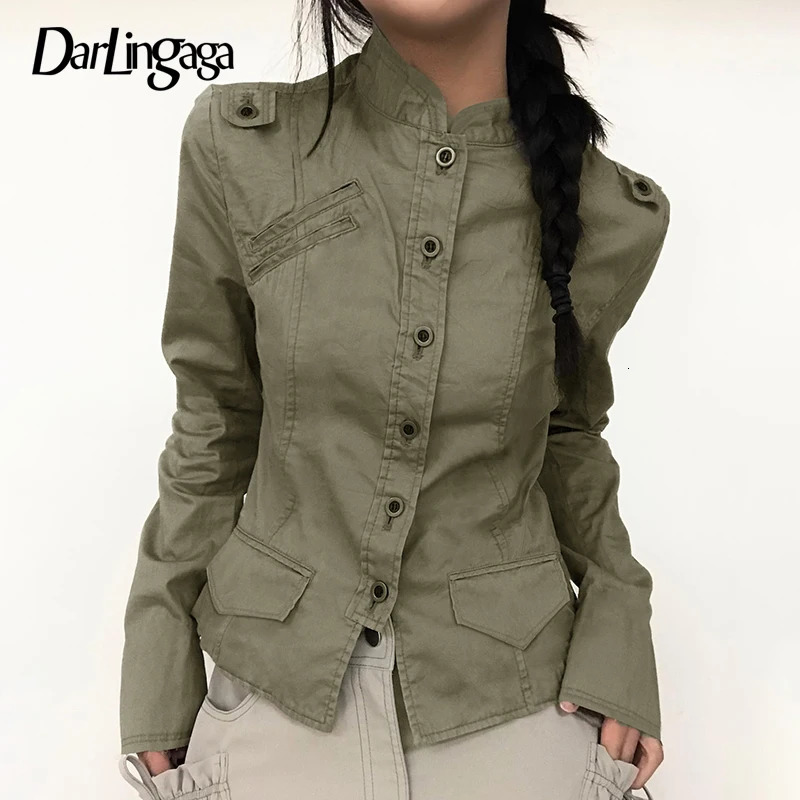 Darlingaga Streetwear Pockets Cargo Style Womens Jacket Slim Stand Collar Autumn Coat Y2K Buttons Aesthetics Korean Outwear 250729