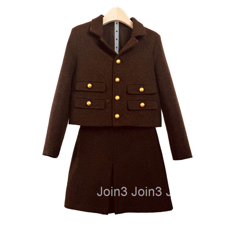 Spring and Autumn French Style New High-Quality Woolen Elegant Two-Piece Set with Turn-Down Collar Long Sleeve Jacket and Blazer Half Skirt Suit