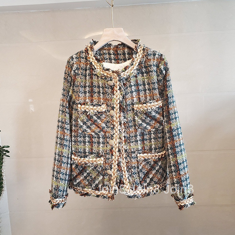 Winter New Small Fragrance Style Round Neck Color-Block Gold Trim Single-Breasted Warm Short Coat for Women Long Sleeve Tweed Coat